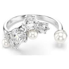 Constella open ring, crystal pearl, Round cut, white, rhodium plated