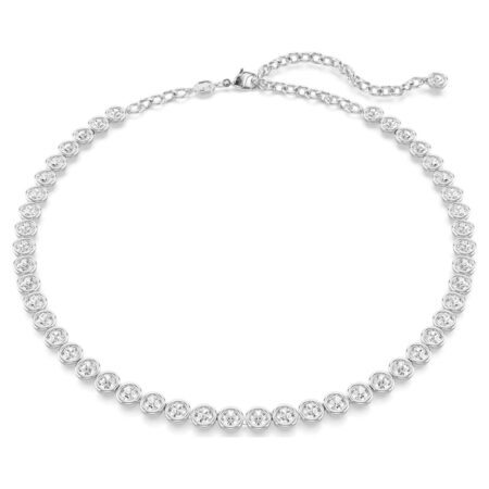 Imber tennis necklace, Round cut, white, rhodium plated