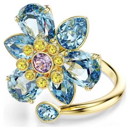 Idyllia open ring, Mixed cuts, flower, Blue, Gold-tone plated