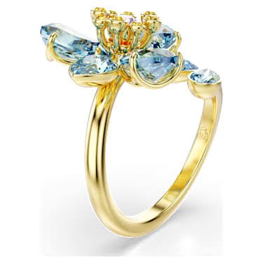 Idyllia open ring, Mixed cuts, flower, Blue, Gold-tone plated