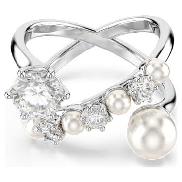 Matrix cocktail ring, crystal pearl, Round cut, white, Rhodium plated
