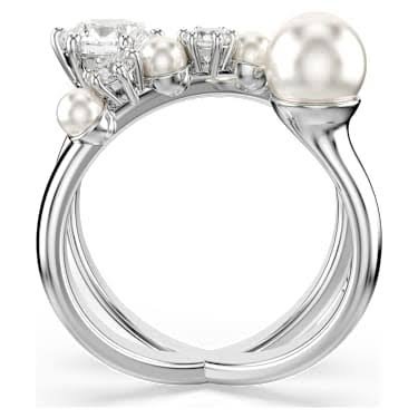 Matrix cocktail ring, crystal pearl, Round cut, white, rhodium plated